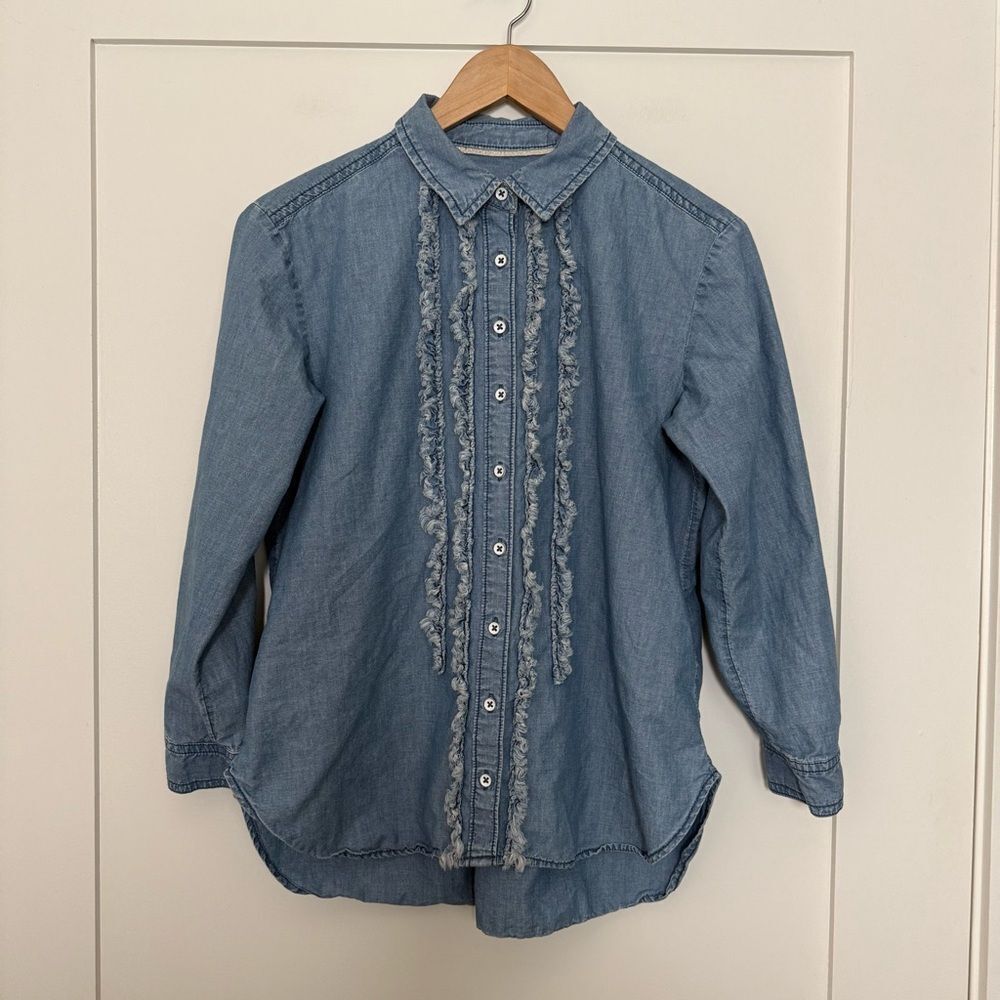 Pilcro Anthropologie Juni Blouse Womens Sz S Blue Ruffle Button Up Denim Boho